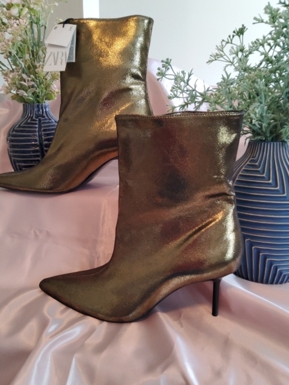 Zara Shimmering Gold Pointed Ankle Boots